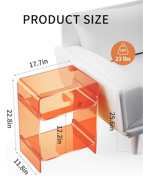 Acrylic Record Player Table with Storage Shelf, Clear Side Table Nightstand (Orange)