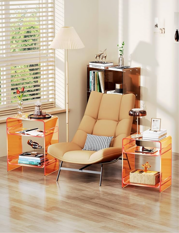 Acrylic Record Player Table with Storage Shelf, Clear Side Table Nightstand (Orange)