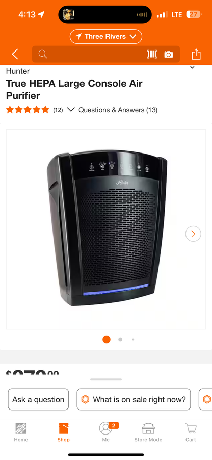 Hunter
True HEPA Large Console Air Purifier