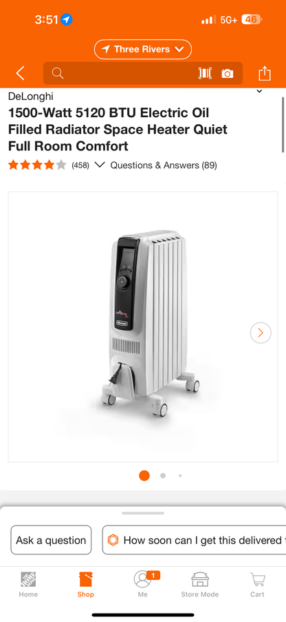 DeLonghi 1500-Watt 5120 BTU Electric Oil Filled Radiator Space Heater Quiet Full Room Comfort