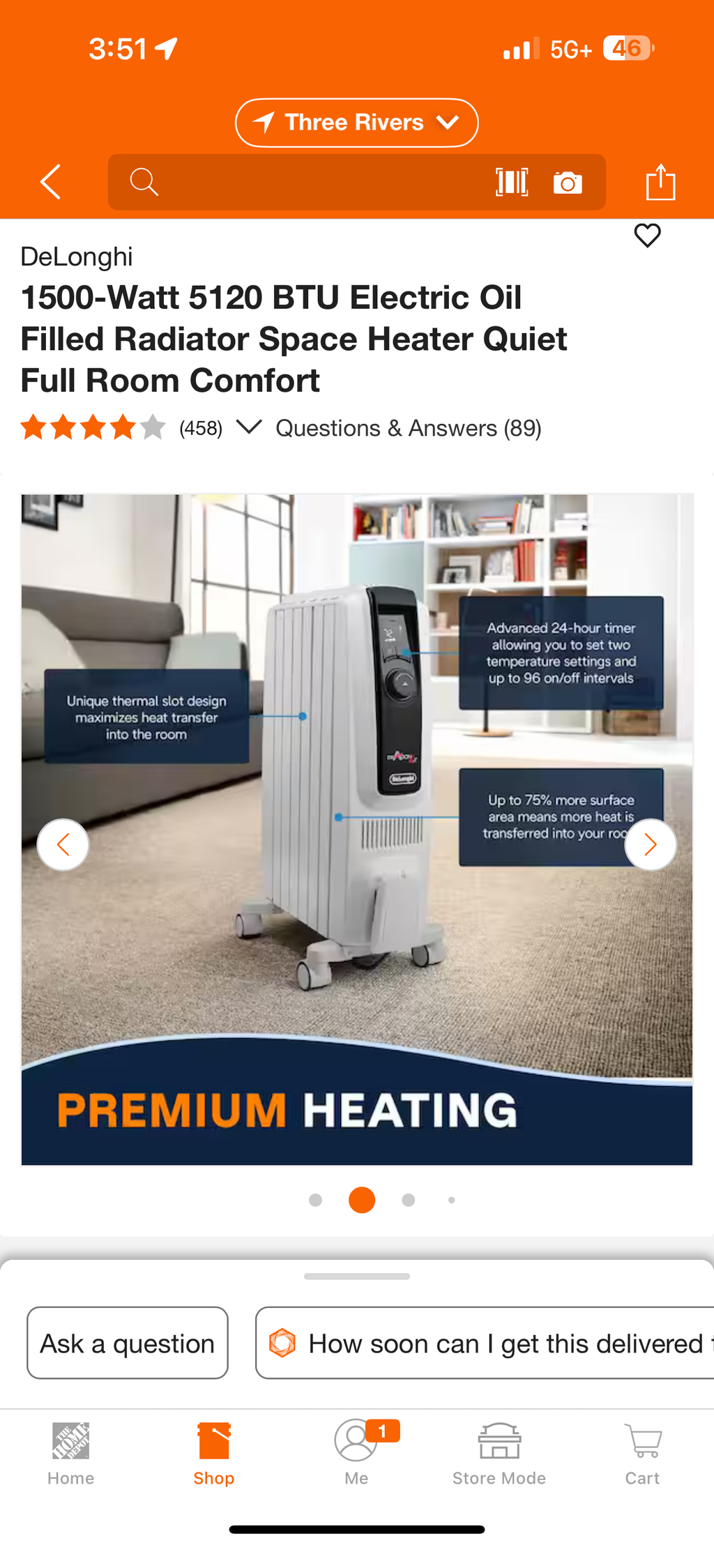 DeLonghi 1500-Watt 5120 BTU Electric Oil Filled Radiator Space Heater Quiet Full Room Comfort