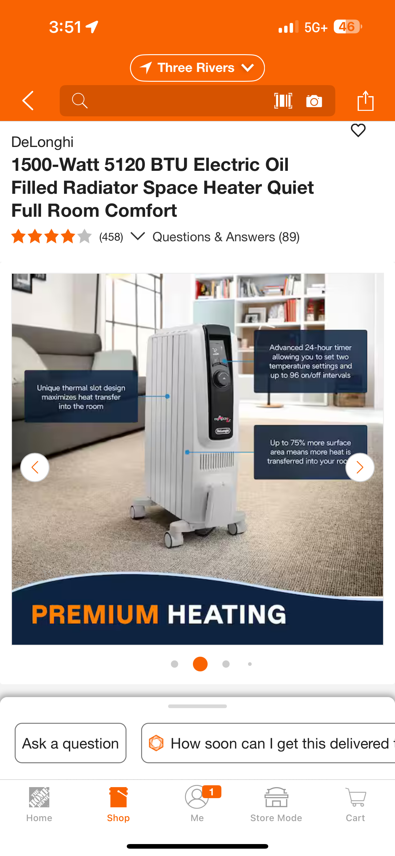 DeLonghi 1500-Watt 5120 BTU Electric Oil Filled Radiator Space Heater Quiet Full Room Comfort