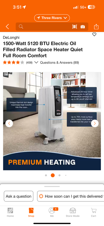 DeLonghi 1500-Watt 5120 BTU Electric Oil Filled Radiator Space Heater Quiet Full Room Comfort