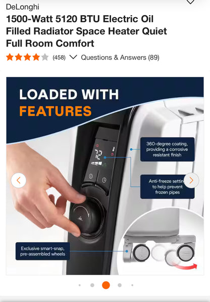 DeLonghi 1500-Watt 5120 BTU Electric Oil Filled Radiator Space Heater Quiet Full Room Comfort