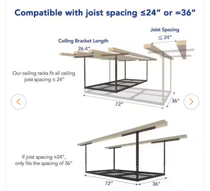 FLEXIMOUNTS Adjustable Height Overhead Ceiling Mount Garage Rack in Black (72 in. W x 36 in. D)