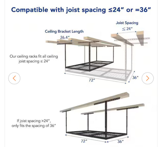 FLEXIMOUNTS Adjustable Height Overhead Ceiling Mount Garage Rack in Black (72 in. W x 36 in. D)