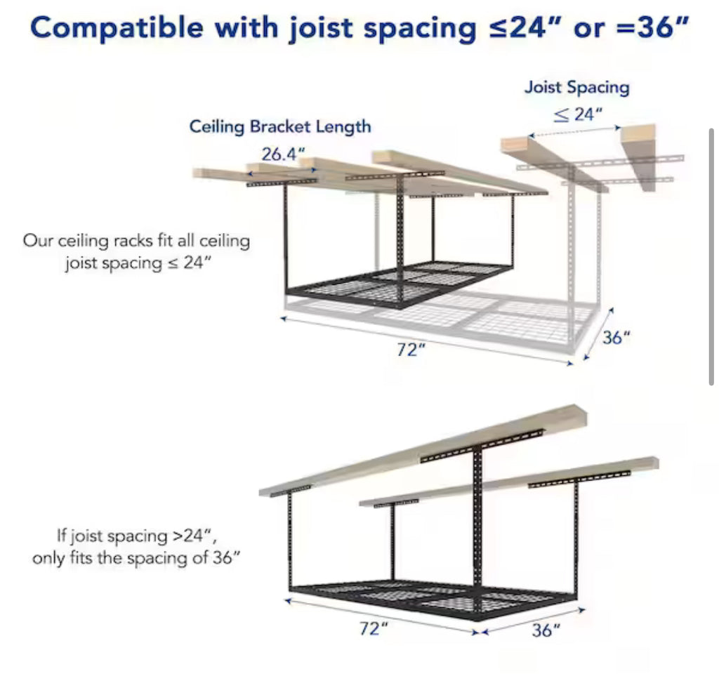 FLEXIMOUNTS Adjustable Height Overhead Ceiling Mount Garage Rack in Black (72 in. W x 36 in. D)