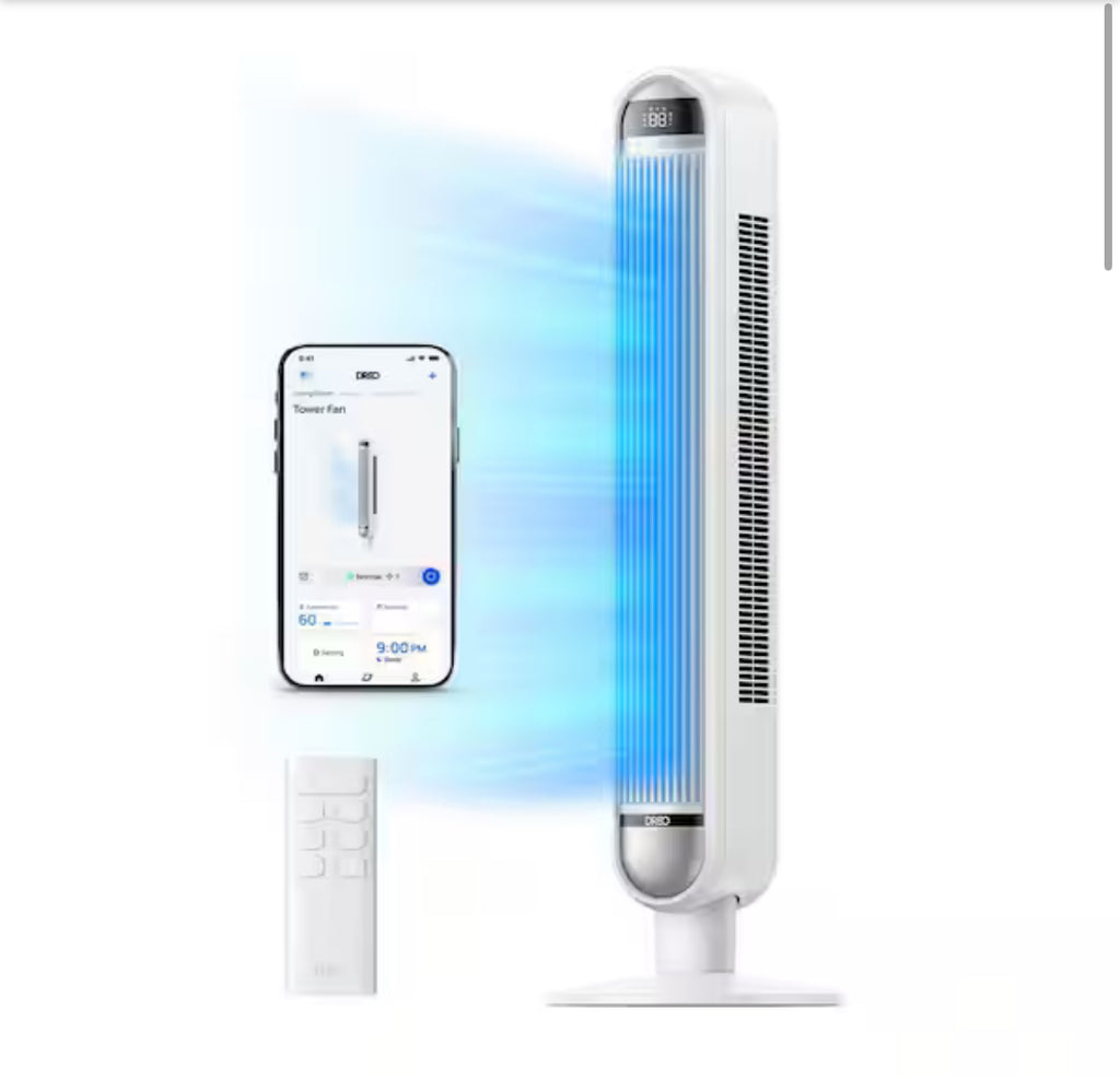 DREO 42 in. Smart Tower Fan with Remote, 6-Speed, 12 H Timer and 90° Oscillation, Wi-Fi Voice Control in White